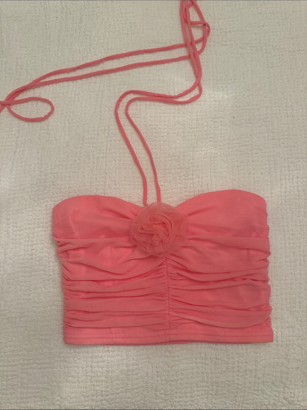 Pink Ruched Bandeau Crop Top with Flower Accent